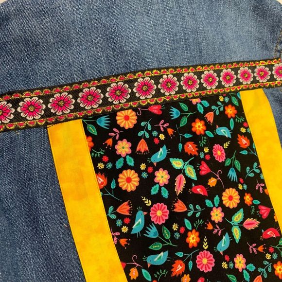 Route 66 Denim Jacket Jean Floral Blue Black Pink Ruffle Metallic Boho Large - Picture 10 of 16